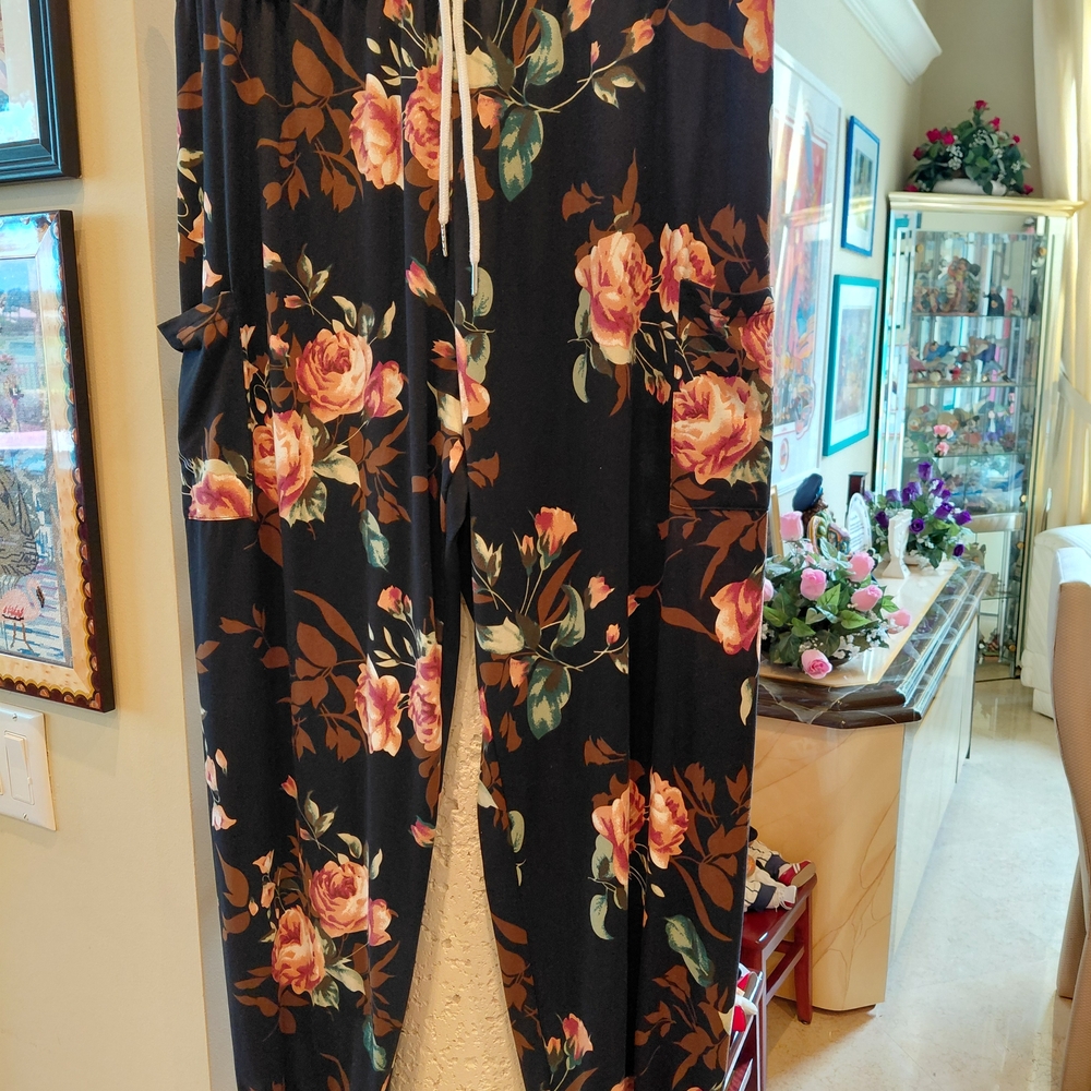 Floral Drawstring Wide-Leg Jumpsuit - Black with Rose Print